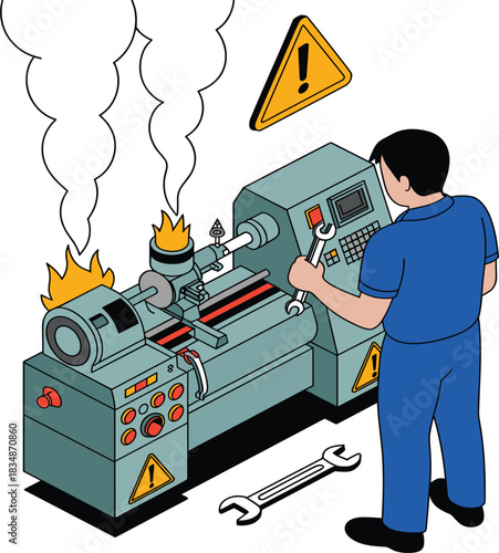 Industrial Machine Failure: Worker Performing Emergency Maintenance and Repair on Lathe Fire
