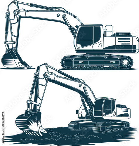Detailed Monochromatic Vector Illustration of Heavy Construction Excavator Machine