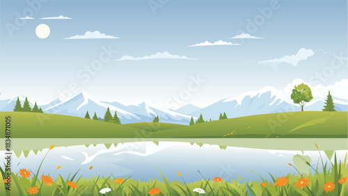 a serene landscape featuring mountains a lake green hills and a clear