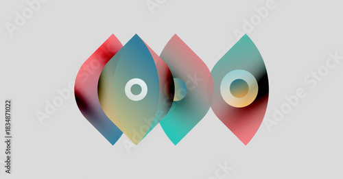 Abstract shapes overlap, creating colorful forms. Circles reside within layered designs. Soft gradients define visual elements.