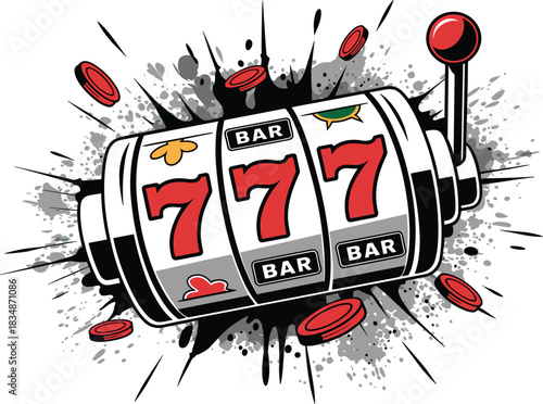 Retro Slot Machine Illustration: Classic Black and White Reels with Triple Seven (777) Symbols and Red Coins