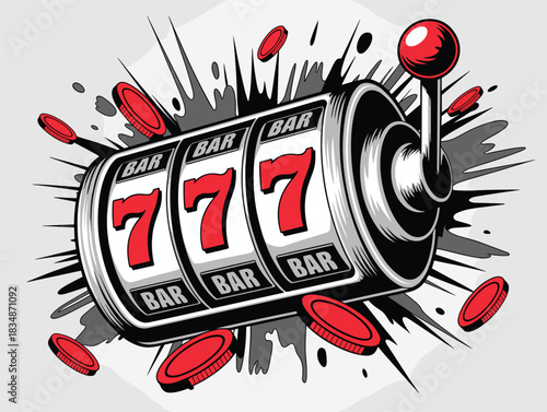 Retro Casino Jackpot: Black and White Slot Machine Illustration with Triple Seven (777) and Flying Coins
