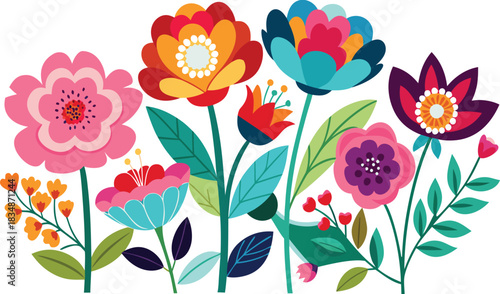 Vibrant and colorful folk art style floral arrangement with diverse blooms