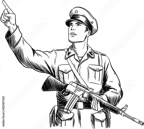 Armed Soldier Kneeling with Scoped Rifle Detailed Line Art Illustration