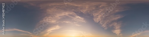 Sunset sky with bright glowing pink Cirrus clouds. Seamless spherical HDR 360 panorama. Full zenith or sky dome in 3D, sky replacement for aerial drone panoramas. Climate and weather change.