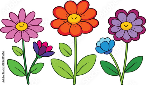 Colorful cartoon flowers with green leaves and stems