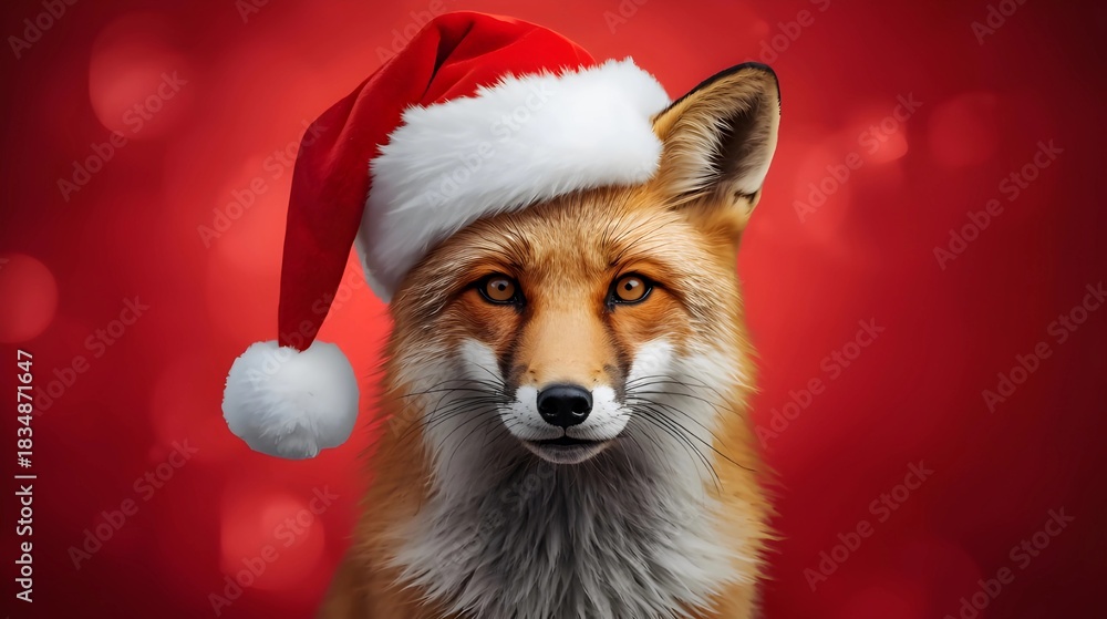 Naklejka premium A red fox close-up wearing a Santa hat against a bright red, blurred background with bokeh effects, looking directly at the camera.