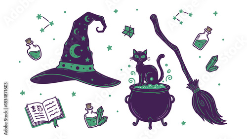 Whimsical Halloween Icons A Witch's Hat, Broom, Black Cat, Cauldron, Potions, and Crystals for Spooky Designs