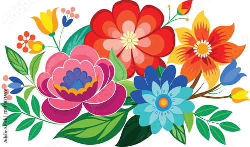 Vibrant colorful bouquet of exotic flowers and green leaves