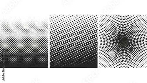 Three Abstract Halftone Patterns Gradient, Square, and Radial Dots for Backgrounds and Designs