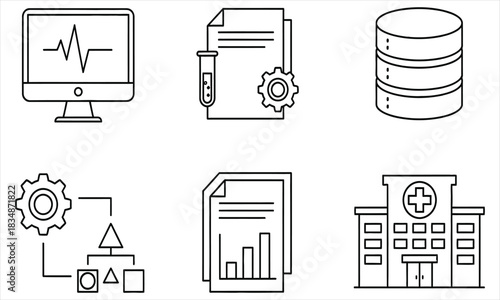 Vector icon set for healthcare technology and medical data management, including hospital systems, patient records, and diagnostics