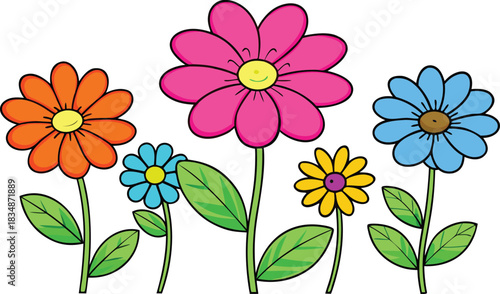Colorful cartoon flowers with green stems and leaves on a white background