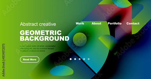 Bright abstract geometric background features text, navigation, dots. Green, blue hues dominate design, promoting creativity.