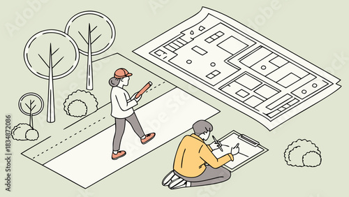 Architects collaborating on a building blueprint in a park setting, showcasing modern architectural design and teamwork for innovative housing solutions