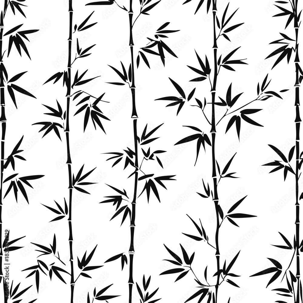 Obraz premium Clean black line art seamless pattern using bamboo leaves and thin stems, simple minimal botanical design, white background 2