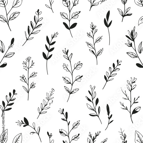 Black line art seamless pattern using mint leaves, herbal sprigs and tiny botanical clusters, fresh minimal style, white background 1
