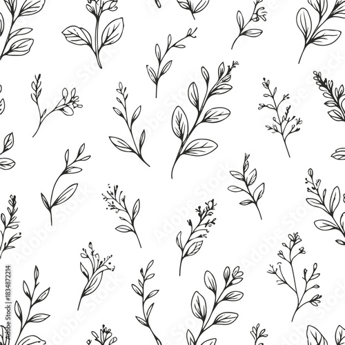 Black line art seamless pattern using mint leaves, herbal sprigs and tiny botanical clusters, fresh minimal style, white backgroun
