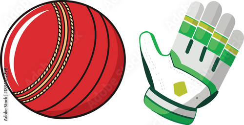 Red cricket ball and white green cricket batting glove