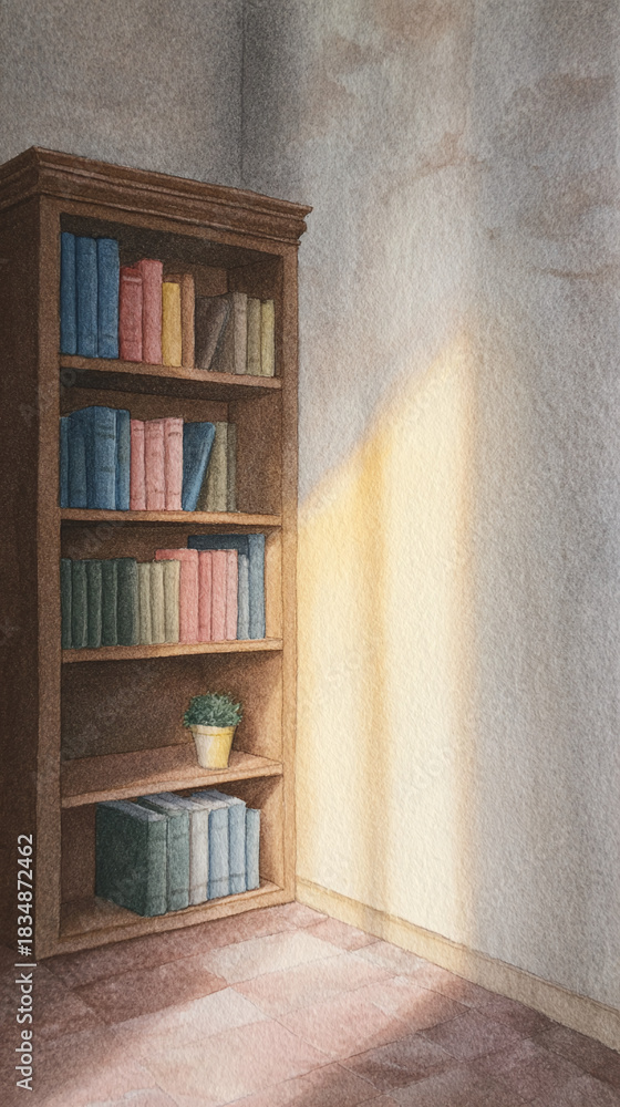 Fototapeta premium A Cozy Reading Nook Featuring a Beautifully Organized Bookshelf Bathed in Soft Sunlight, Perfect for Inspiring Peaceful Moments and Relaxation in Your Home.
