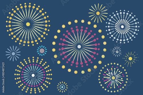 An arrangement of colorful stylized fireworks on a dark blue background high quality