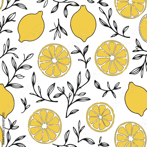 Minimal citrus botanical pattern of lemons, lemon slices and tiny leaves, clean black line art, seamless style, white background 1.