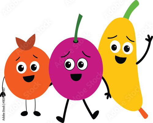 Three happy cartoon fruits standing together and smiling