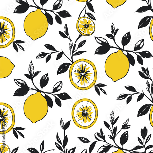 Minimal citrus botanical pattern of lemons, lemon slices and tiny leaves, clean black line art, seamless style, white background