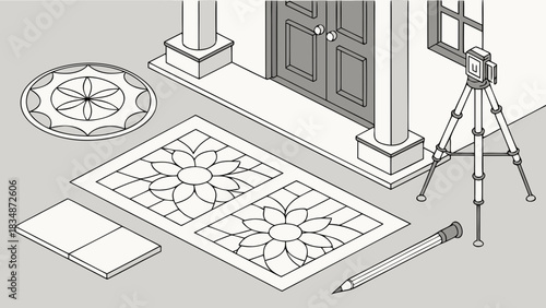 Elegant isometric architectural design showcasing home improvement elements, with floral tile, tools and camera tripod, conveying professional craftsmanship