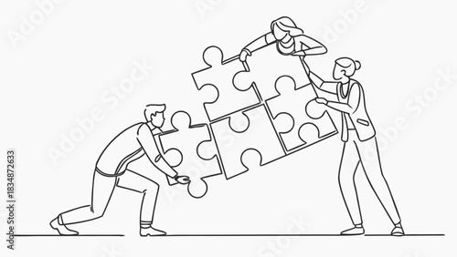 Dynamic team building concept shows collaborative puzzle solving, symbolizing strategic partnerships, innovation, and teamwork for shared business success
