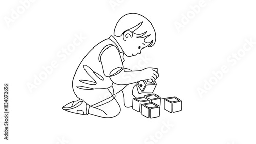 Engaging continuous line drawing of a child playing with blocks, perfect for education and family themes, conveying innocence and learning through play