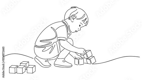 Delightful line drawing of a young boy happily playing with building blocks, encouraging creativity and imagination for childhood development projects