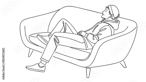 Relaxed line art: Contemplative person lounging on modern sofa, enjoying peaceful moment of reflection and calm, minimalist lifestyle illustration