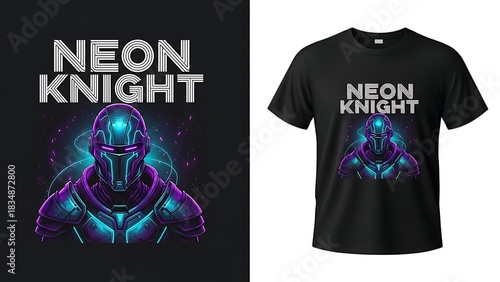 Neon knight futuristic warrior armor glowing cyber punk aesthetic t shirt design illustration