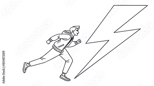 Dynamic vector art of a determined man chasing bold lightning, symbolizing energy and ambition for business, technology, and personal growth concepts