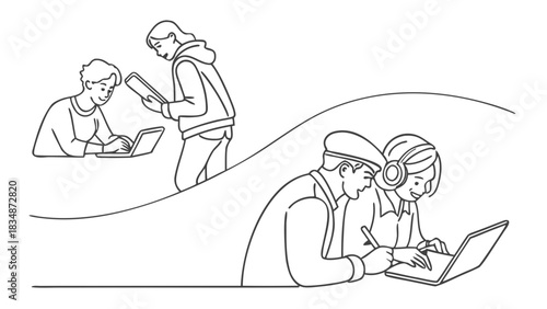 Dynamic team collaboration in action, showcasing students studying together, focused learning, and modern education with laptops and digital tablets