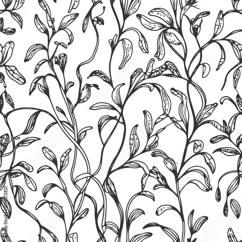 Seamless botanical pattern using peanut plants, pods, leaves and tiny stems in clean black line art, white background 1