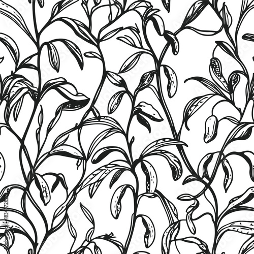 Seamless botanical pattern using peanut plants, pods, leaves and tiny stems in clean black line art, white background 2