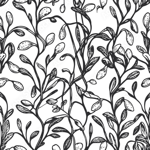 Seamless botanical pattern using peanut plants, pods, leaves and tiny stems in clean black line art, white background