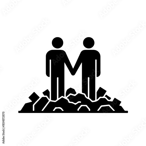 silhouette icon of two people holding hands or assisting each other amidst minimalist debris or ruins. This image powerfully conveys community cooperation and solidarity as a vital part of post-disast