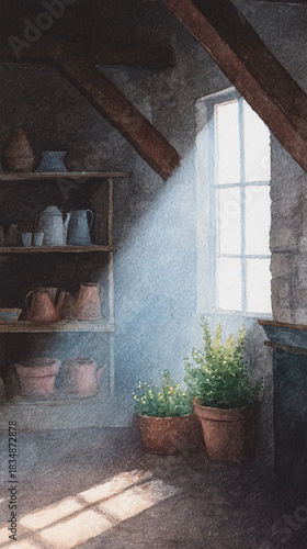 A Serene Watercolor Scene: Sunlight Streaming Through a Rustic Window, Illuminating Potted Plants and Vintage Ceramics on a Shelf in a Cozy Interior Space