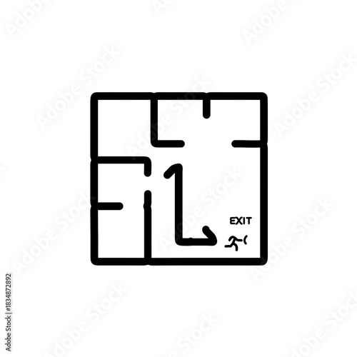 icon of a simple floor plan or map featuring clear arrow paths leading to an exit or safe area. This functional visual emphasizes the critical importance of evacuation planning and knowing safe routes