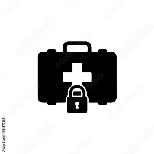 icon of a standard First Aid Kit box secured with a closed padlock. This visual represents the importance of safe storage and reliable emergency supplies that must be secured and ready before a disast