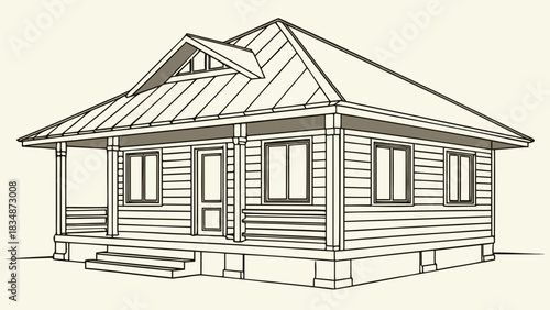 Charming house line art illustration, perfect for architectural designs and real estate marketing materials, showcasing a cozy home with a porch, windows, and roof