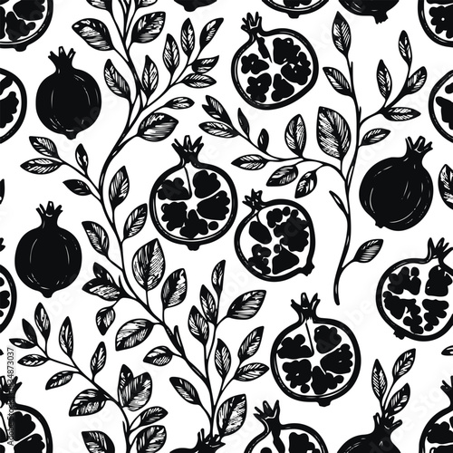 Seamless pattern using pomegranate fruits, slices and seeds in thin black line art, natural botanical arrangement, white background 3