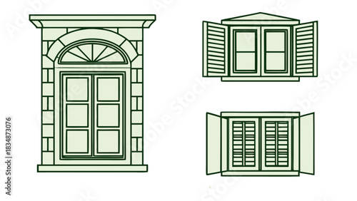 Elegant window styles showcase architectural design offering a glimpse into home design, classic window frames with shutters, and an open invitation to interior spaces