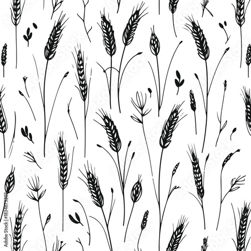 Thin black line art seamless pattern using wheat stalks, grains and farm botanical shapes, rustic minimal style, white background 1.