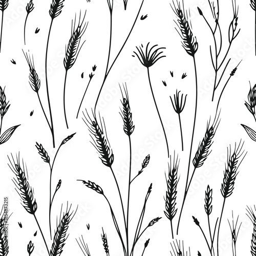 Thin black line art seamless pattern using wheat stalks, grains and farm botanical shapes, rustic minimal style, white background 2.