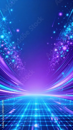 Vibrant futuristic digital tunnel with glowing grid floor and sparkling particles in a cosmic blue and purple gradient background