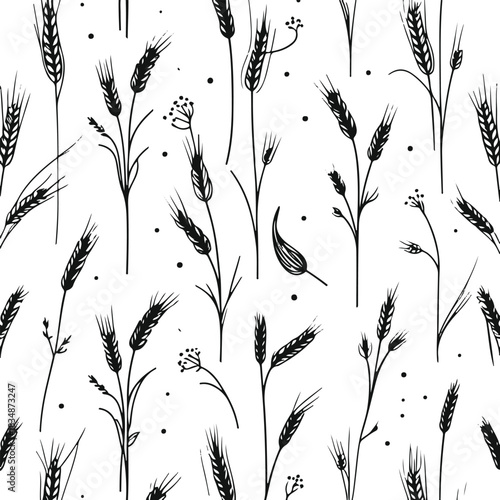 Thin black line art seamless pattern using wheat stalks, grains and farm botanical shapes, rustic minimal style, white background 3