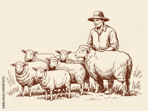 Shepherd and Flock: Vintage Engraving of Traditional Sheep Farming